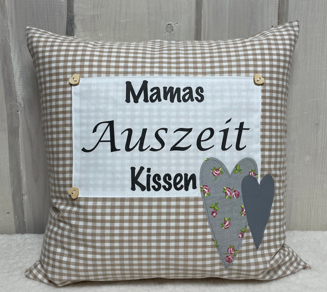 Landhausstil Kissenhülle * Kissenbezug * Dekokissen „Mamas Auszeit Kissen“ beige/weiß kariert