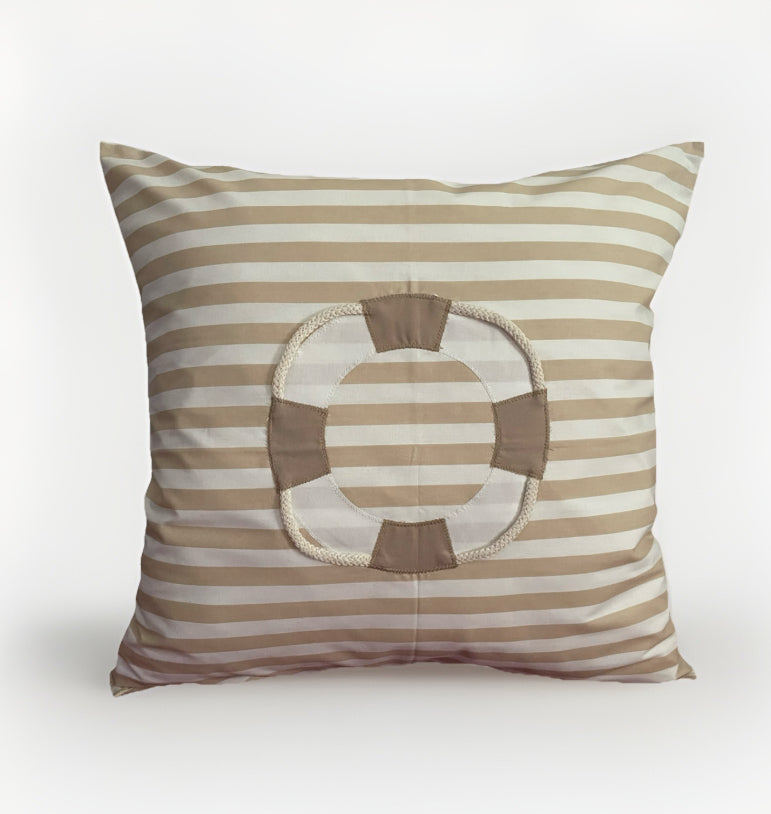 1 Maritime Kissenhülle, Kissenbezug, Landhausstil Kissenhüllen, Dekokissen *Rettungsring* beige/weiß gestreift