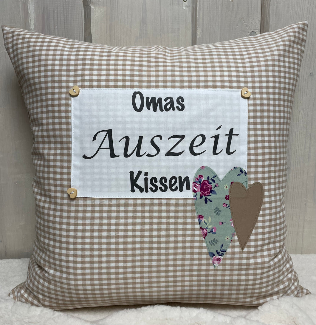 Landhausstil Kissenhülle * Kissenbezug * Dekokissen „Omas Auszeit Kissen“ beige/weiß kariert