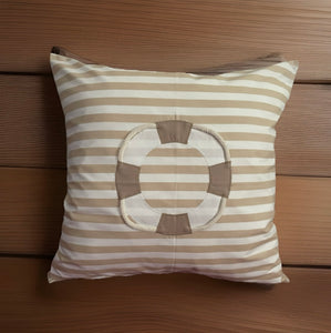1 Maritime Kissenhülle, Kissenbezug, Landhausstil Kissenhüllen, Dekokissen *Rettungsring* beige/weiß gestreift