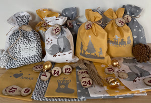 Adventskalender,Landhausstil Adventskalender zum Befüllen, grau/senfg