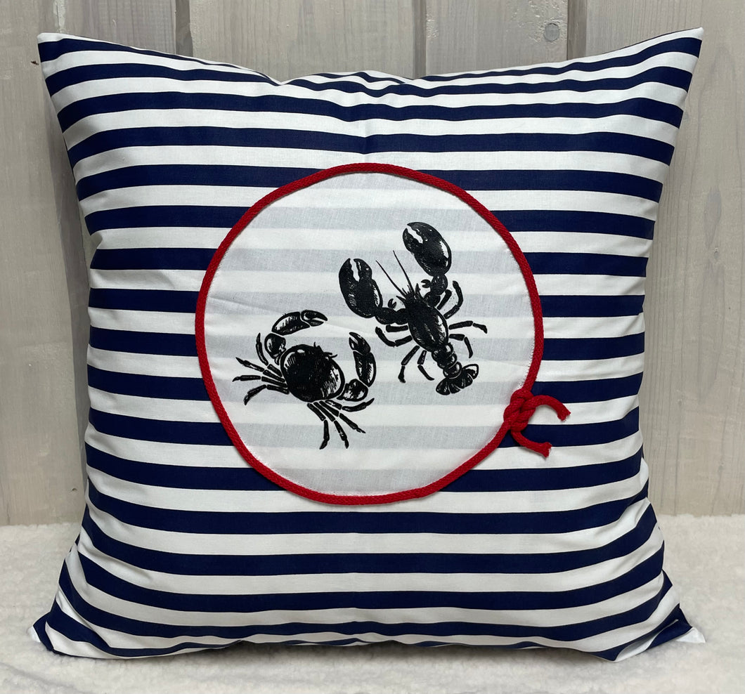 Maritime Kissenhülle, Kissenbezug, Landhausstil Kissen, Dekokissen * Krebse * blau/weiß gestreift