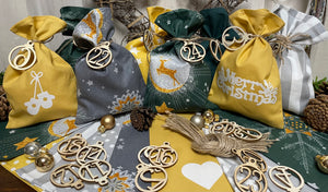Adventskalender,Landhausstil Adventskalender zum Befüllen, 24 Säckchen zum Advent , Adventskalender Zahlen aus Holz, grün/Senfgelb