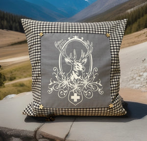 1 Landhausstil Kissenhülle, Kissenbezug, Dekokissen * Jäger Hubertus Hirsch * grau/weiß kariert