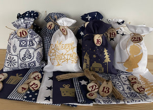 Adventskalender für Kinder, Landhausstil Adventskalender zum Befüllen, 24 Säckchen zum Advent , Adventskalender Zahlen aus Holz, blau /weiß