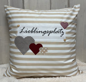 Landhausstil Kissenhülle, Kissenbezug, Dekokissen Lieblingsplatz, beige/weiß gestreift