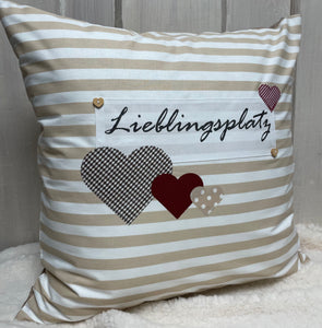 Landhausstil Kissenhülle, Kissenbezug, Dekokissen Lieblingsplatz, beige/weiß gestreift