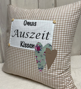 Landhausstil Kissenhülle * Kissenbezug * Dekokissen „Omas Auszeit Kissen“ beige/weiß kariert