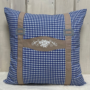 Landhausstil Kissenhülle, Kissenbezug, Bauernstube Dekokissen * Hosenträger * blau/beige