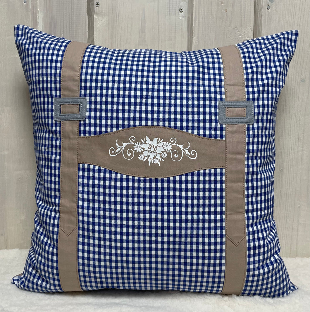 Landhausstil Kissenhülle, Kissenbezug, Bauernstube Dekokissen * Hosenträger * blau/beige