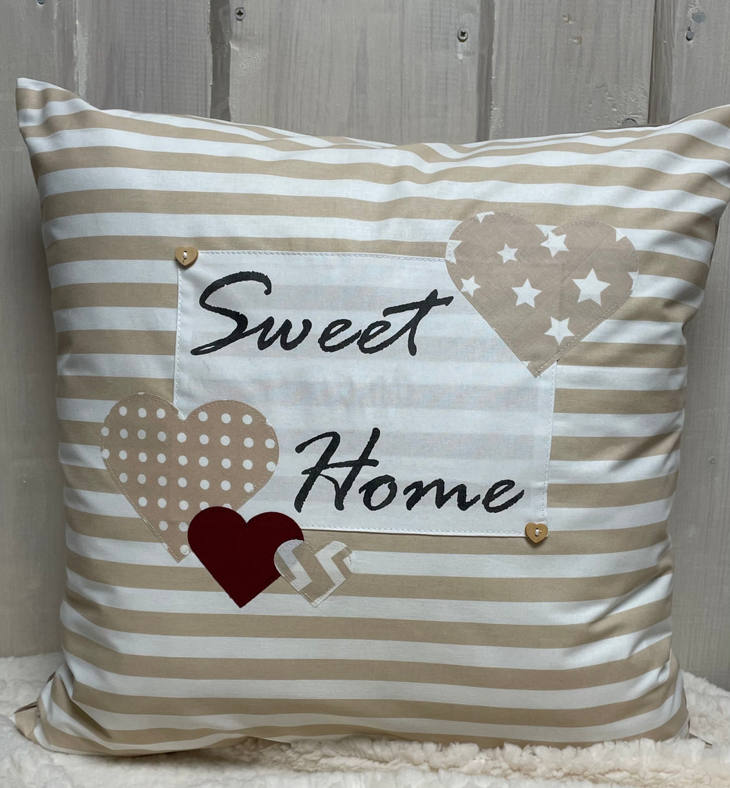 1x Landhausstil Kissenhülle * Kissenbezug * Dekokissen * Sweet Home * beige/weiß gestreift