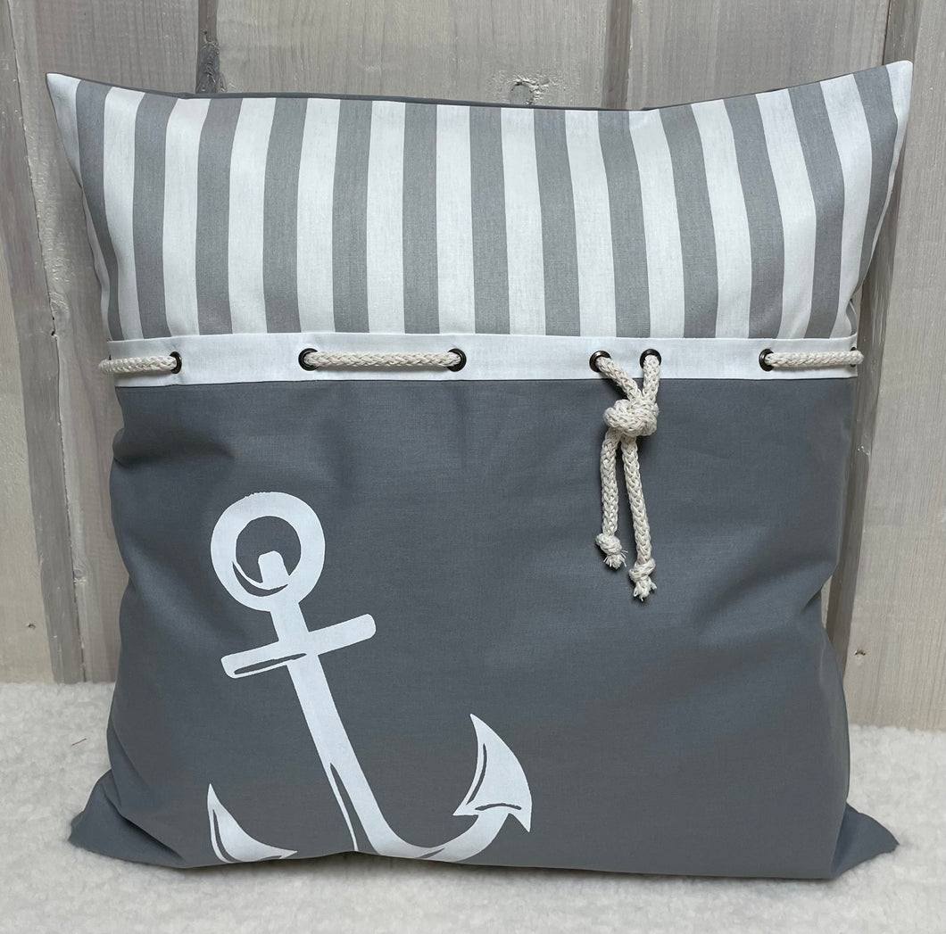 Maritime Kissenhülle, Kissenbezug, Landhausstil Kissen, Dekokissen Anker grau/weiß