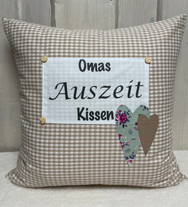 Landhausstil Kissenhülle * Kissenbezug * Dekokissen „Omas Auszeit Kissen“ beige/weiß kariert