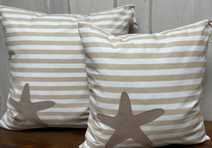 1 Maritime Kissenhülle, Kissenbezug, Landhausstil Kissenhüllen, Dekokissen *Seestern* beige/weiß gestreift