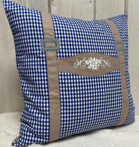 Landhausstil Kissenhülle, Kissenbezug, Bauernstube Dekokissen * Hosenträger * blau/beige