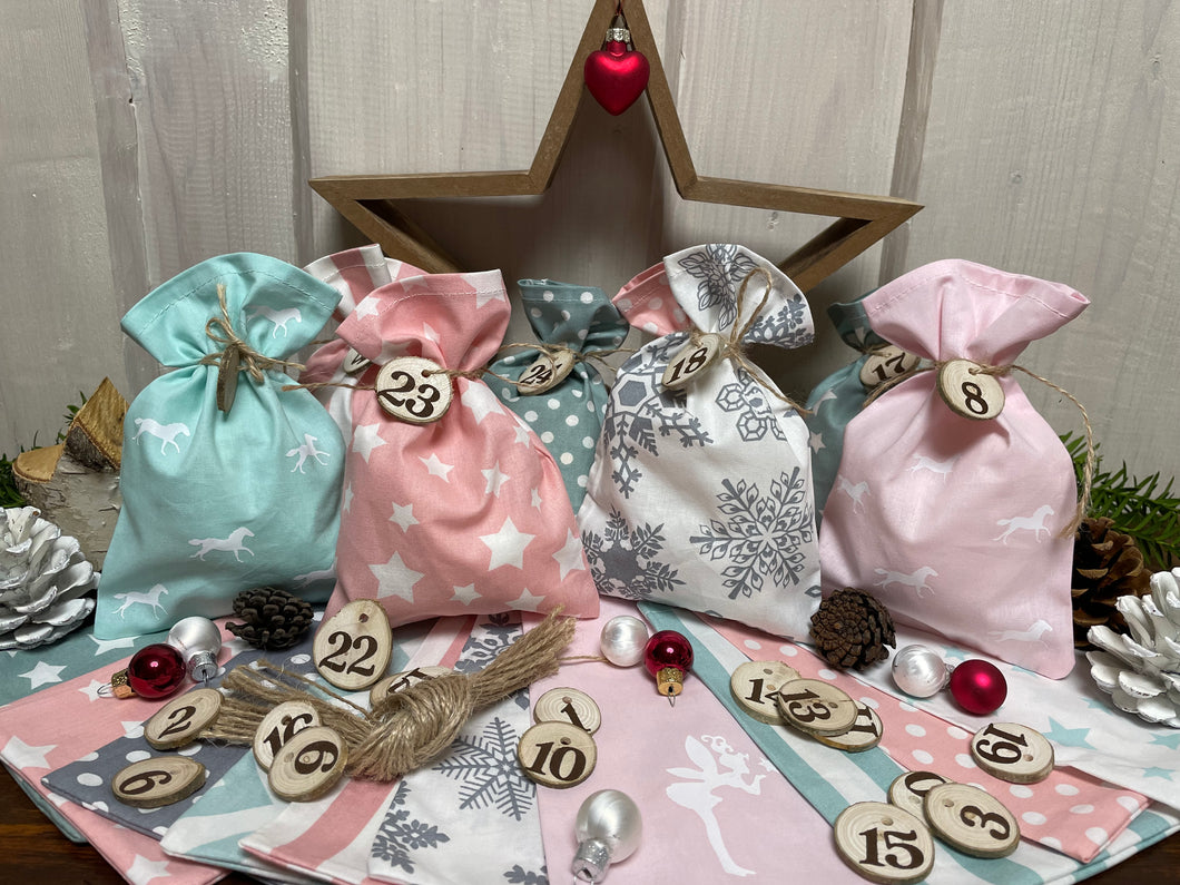 Adventskalender,Landhausstil Adventskalender zum Befüllen, 24 Säckchen zum Advent , Adventskalender Zahlen aus Holz, rosa/mint/grau
