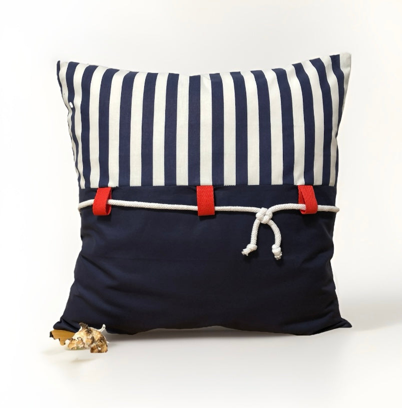 Maritime Kissenhülle, Landhausstil Dekokissen Seemannsknoten blau/weiß gestreift