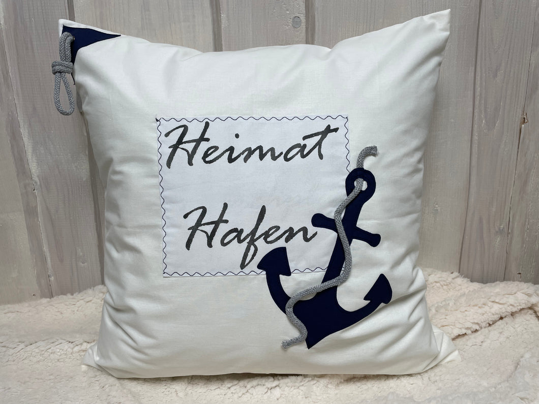 Maritime Kissenhülle, Kissenbezug, Landhausstil Dekokissen * Heimathafen * blau/weiß/beige