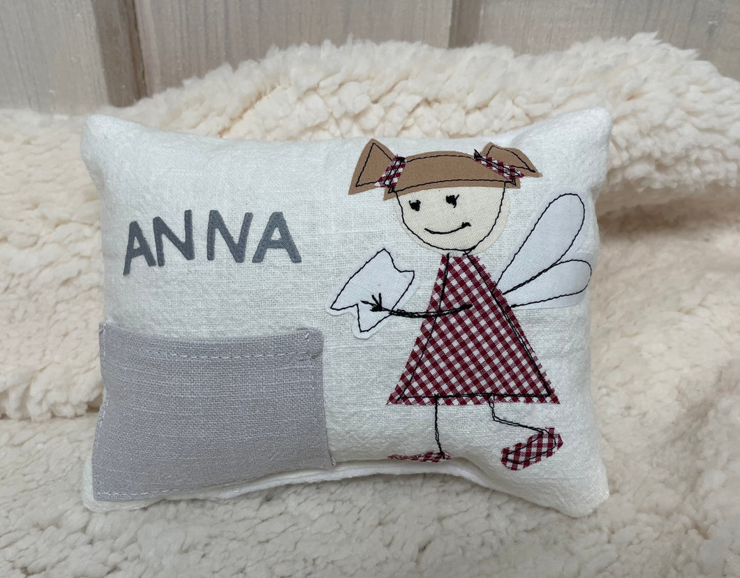Zahnfee Kissen / Personalisiertes Milchzahn Kissen, Zahnkissen, weiß 12x17cm.