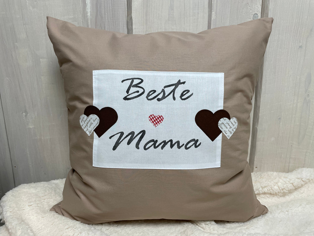 Landhausstil Kissenhülle, Kissenbezug, Dekokissen beige/weiß *Beste Mama*beige/weiß