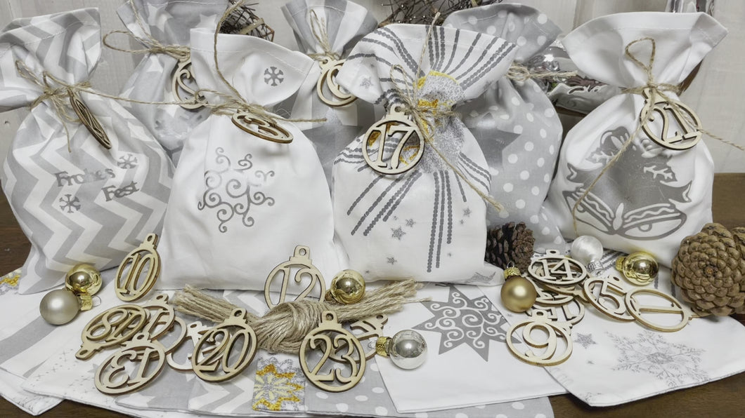 Adventskalender,Landhausstil Adventskalender zum befüllen, 24 Säckchen zum Advent, Adventskalender Zahlen aus Holz, grau/weiß