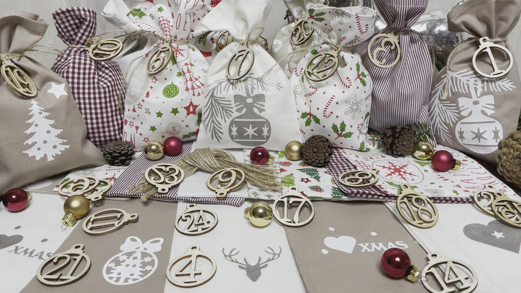 Adventskalender,Landhausstil Adventskalender zum Befüllen, 24 Säckchen zum Advent , Adventskalender Zahlen aus Holz, weinrot/beige