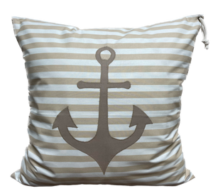 1 Maritime Kissenhülle, Kissenbezug, Landhausstil Kissenhüllen, Dekokissen *Anker* beige/weiß gestreift