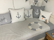 Load image into Gallery viewer, Maritime patchwork blanket, bedspread, children's blanket, bed throw 130cm x 200cm grey/white
