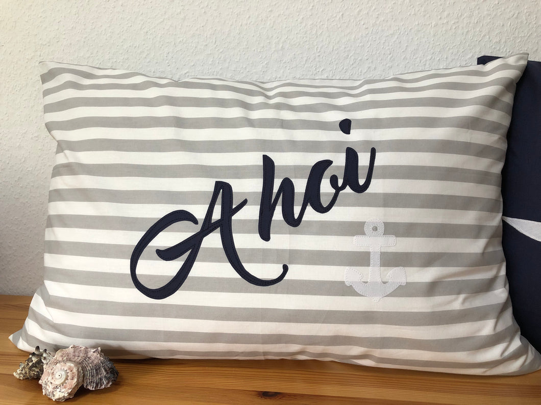 Maritime Kissenhülle, Kissenbezug, Landhausstil Kissen * Ahoi * grau/weiß 40x60cm.