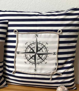1x Maritime Kissenhülle, Kissenbezug, Landhausstil Kissen, Dekokissen Kompass blau/weiß