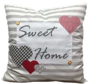 Landhausstil Kissenhülle * Kissenbezug * Dekokissen * Sweet Home * grau/weiß mit roten Herzen