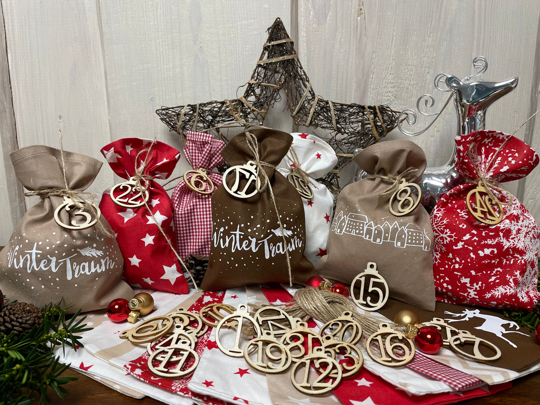 Adventskalender,Landhausstil Adventskalender zum Befüllen, 24 Säckchen zum Advent , Adventskalender Zahlen aus Holz, rot/braun