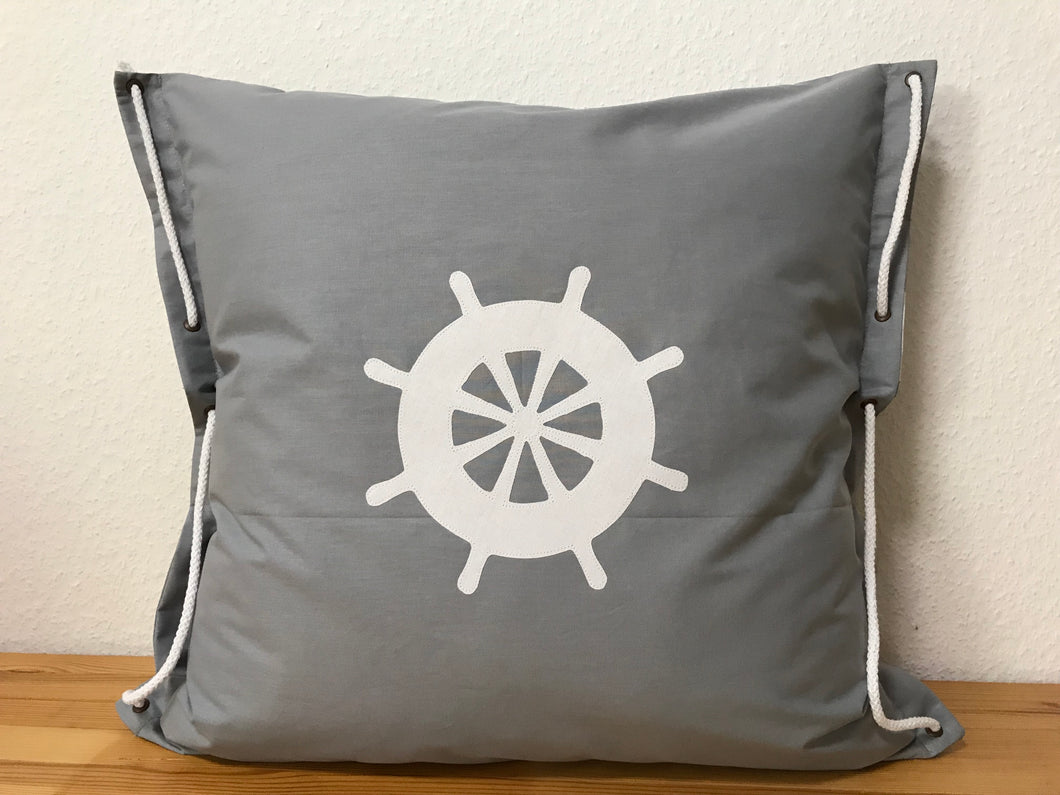 Maritime Kissenhülle, Kissenbezug, Landhausstil Kissen * Steuerrad * grau/weiß