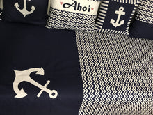 Load image into Gallery viewer, Maritime patchwork blanket, bedspread, children's blanket, bed throw 130cm x 200cm blue/white
