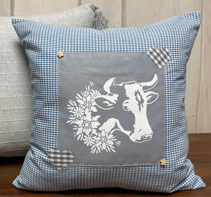 1x Landhausstil Kissenhülle * Kissenbezug * Bauernstube Dekokissen * Kuh* blau/grau
