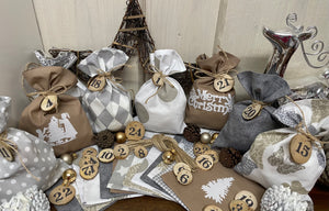 Adventskalender,LandhaAdventskalender zum befüllen, 24 Säckchen zum Advent, Adventskalender Zahlen aus Holz, beige/grau