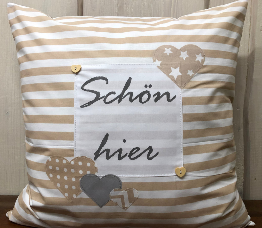 1x Landhausstil Kissenhülle * Kissenbezug * Dekokissen „ Schön hier „ beige/weiß