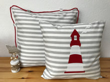 Lade das Bild in den Galerie-Viewer, Maritime Kissenhülle, Kissenbezug, Landhausstil Kissen * Leuchtturm * grau/weiß/rot
