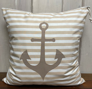 1 Maritime Kissenhülle, Kissenbezug, Landhausstil Kissenhüllen, Dekokissen *Anker* beige/weiß gestreift