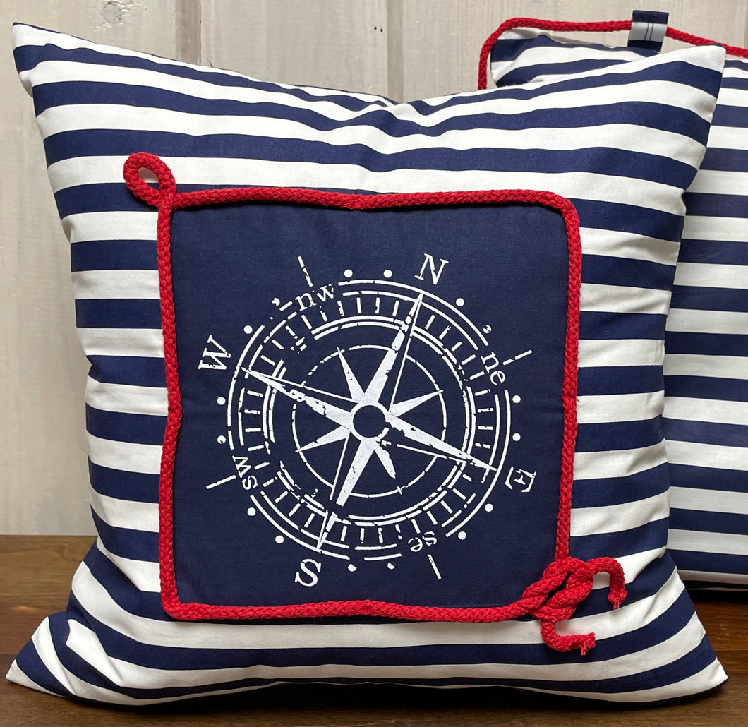 Maritime Kissenhülle, Kissenbezug, Landhausstil Kissen * Kompass * blau/weiß