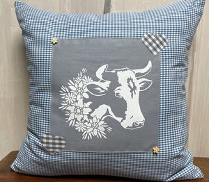 1x Landhausstil Kissenhülle * Kissenbezug * Bauernstube Dekokissen * Kuh* blau/grau