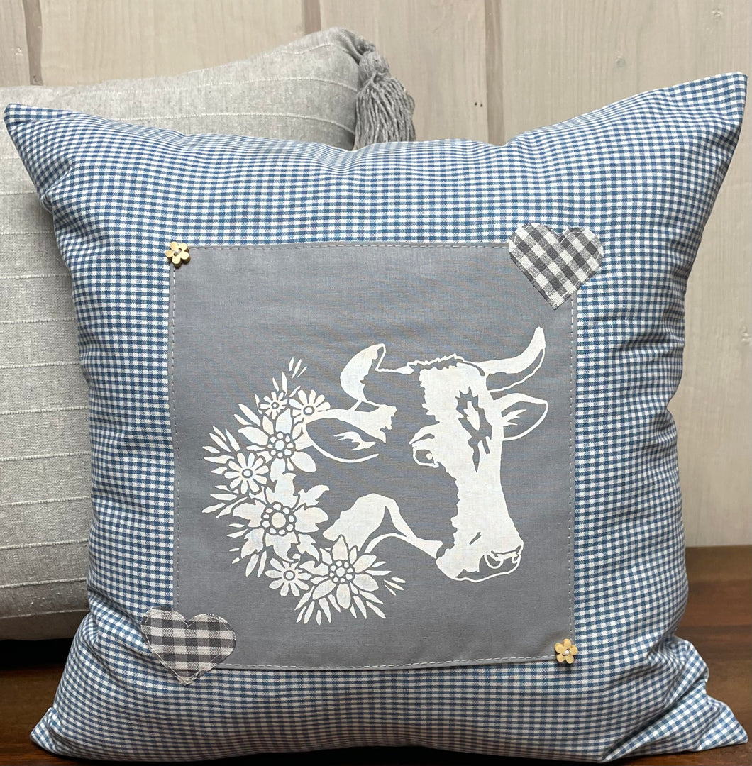 1x Landhausstil Kissenhülle * Kissenbezug * Bauernstube Dekokissen * Kuh* blau/grau