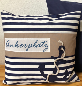 1x Maritime Kissenhülle, Kissenbezug, Landhausstil Kissen, Dekokissen Ankerplatz blau/weiß