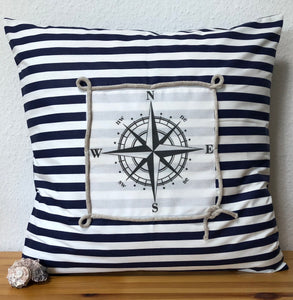 1x Maritime Kissenhülle, Kissenbezug, Landhausstil Kissen, Dekokissen Kompass blau/weiß