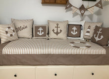 Load image into Gallery viewer, Maritime patchwork blanket, bedspread, children's blanket, bed throw 130cm x 200cm beige/white striped

