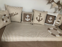 Load image into Gallery viewer, Maritime patchwork blanket, bedspread, children's blanket, bed throw 130cm x 200cm beige/white striped
