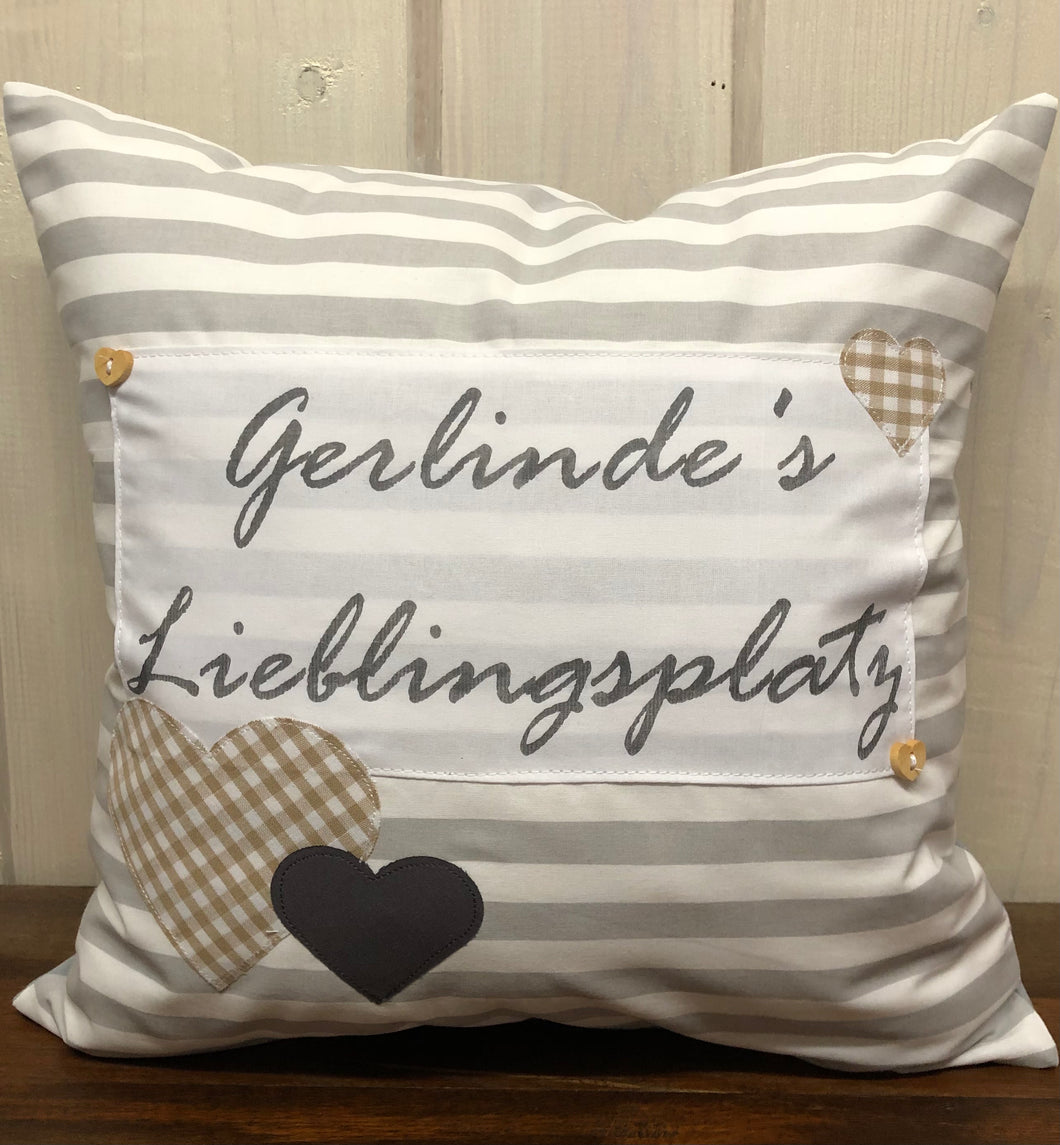 1x Personalisierte Kissenhülle, Landhausstil Kissenhülle * Kissenbezug * Dekokissen * …. Lieblingsplatz * grau/weiß