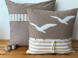 1 Maritime Kissenhülle, Landhausstil Kissenhülle, Kissenbezug, Dekokissen, Möwen beige/weiß