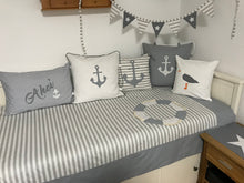 Load image into Gallery viewer, Maritime patchwork blanket, bedspread, children's blanket, bed throw 130cm x 200cm grey/white
