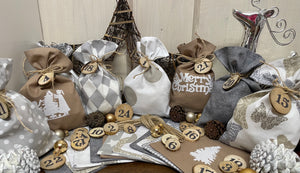 Adventskalender,LandhaAdventskalender zum befüllen, 24 Säckchen zum Advent, Adventskalender Zahlen aus Holz, beige/grau